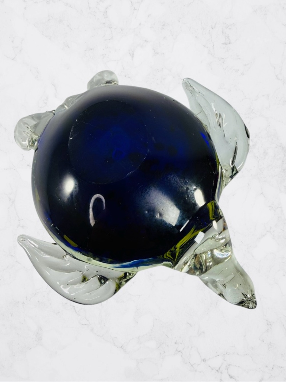 Blown Art Glass Sea Turtle Ocean Sea Cobalt Blue Yellow Clear Large Paperweight - Picture 6 of 8